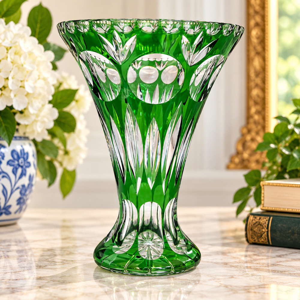 Vintage Nachtmann Bamberg Emerald Green Cut to Clear Crystal Vase 8.5” Germany